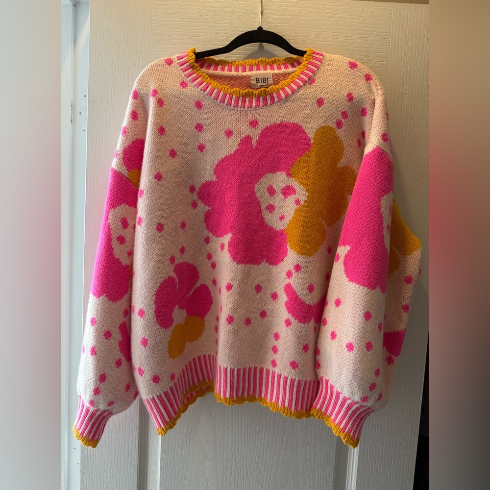 BiBi Vibrant Pink and Gold Floral Sweater